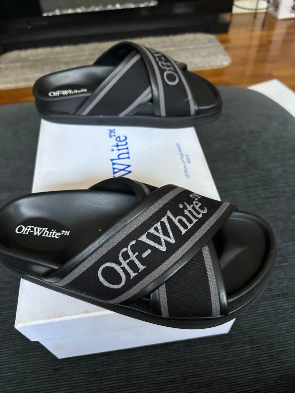 Off-White Black and Gray Cross-Strap Logo Slides